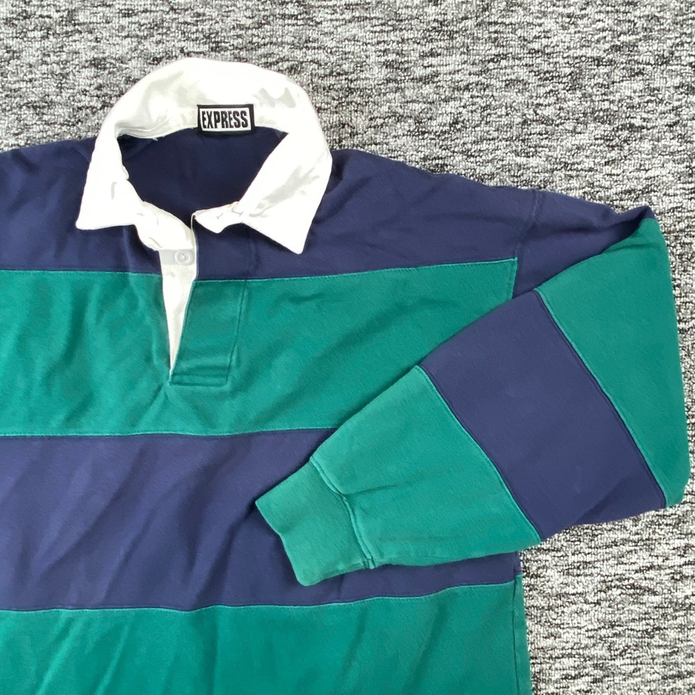 Vintage 90s Express Mens Rugby Shirt Green Navy Stripe Long Sleeve Cotton Large